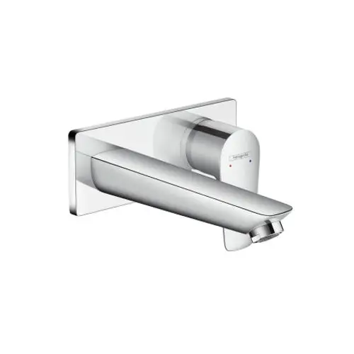 Wandmontierter Einhebel-Waschtischmischer aus Chrom von Hansgrohe mit flachem Auslauf und Bedienelement zur Temperaturregulierung.